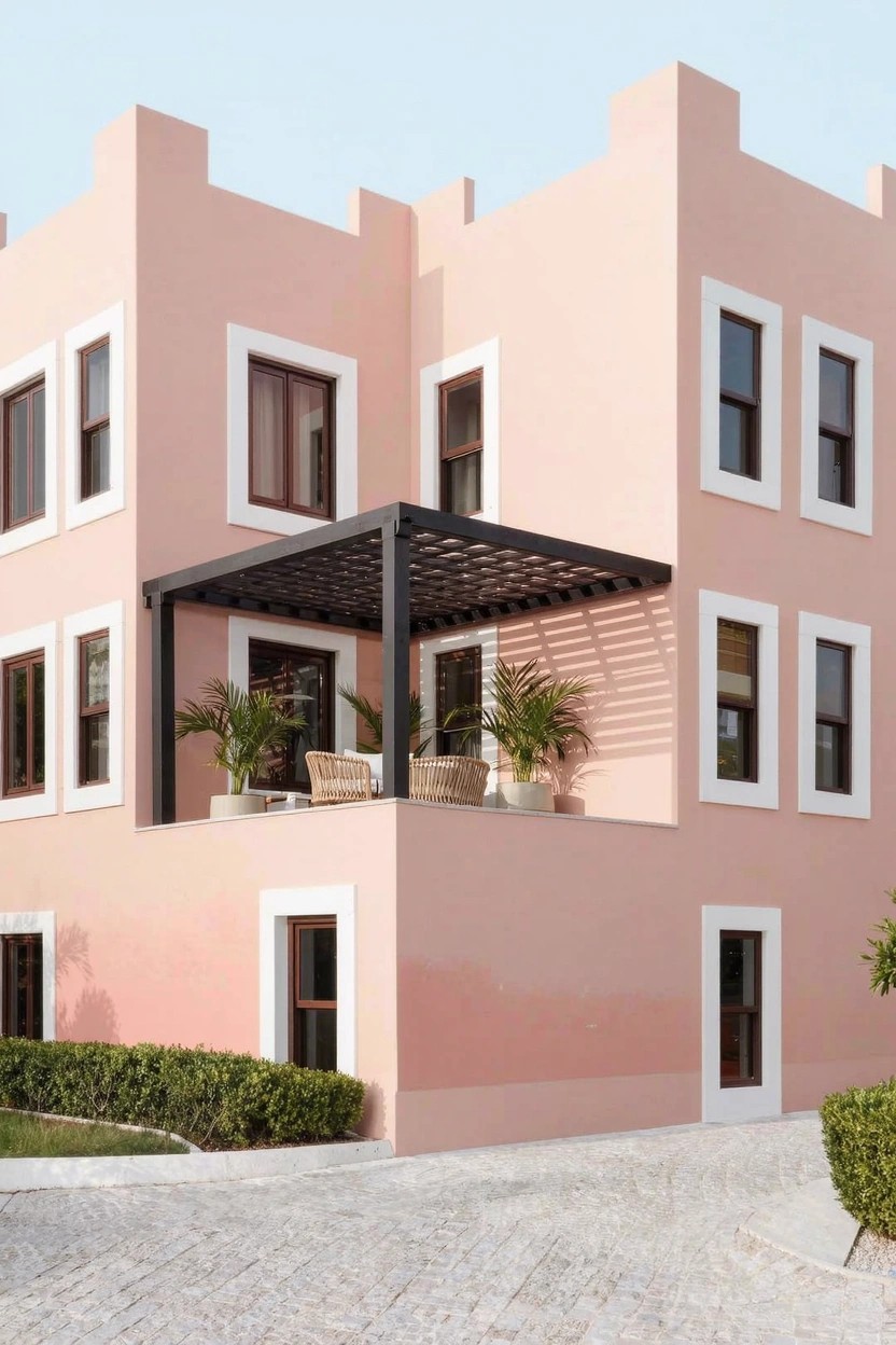 A two-story modern house painted blush pink with white window frames and doors, featuring a balcony under a black metal pergola with potted plants and woven chairs, hedges along the base, and a cobblestone driveway.