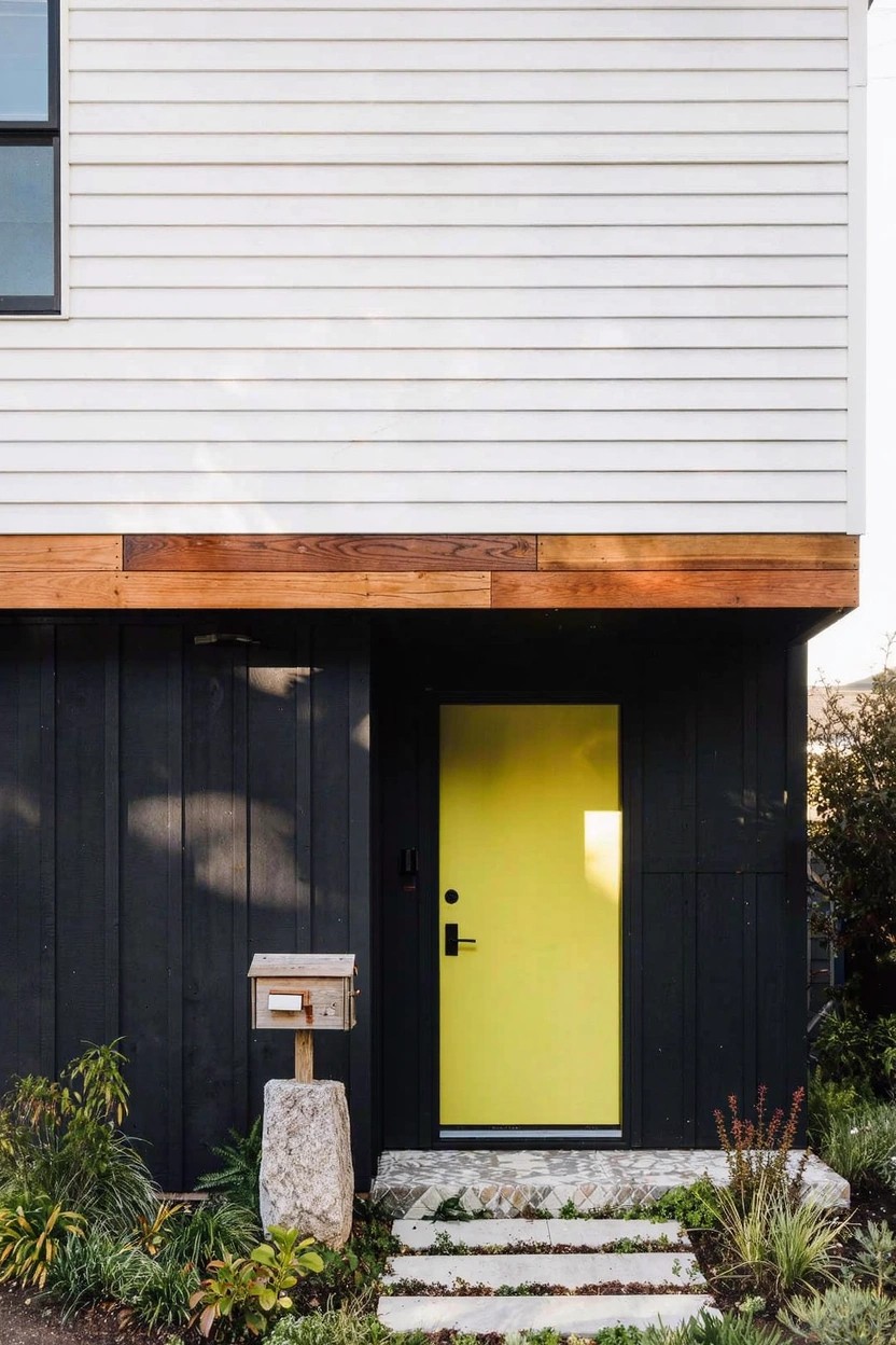 Modern house exterior with white horizontal siding on upper facade, black vertical siding around entry, bright yellow front door, wooden roof overhang, stone pedestal mailbox, concrete steps, and low plants.
