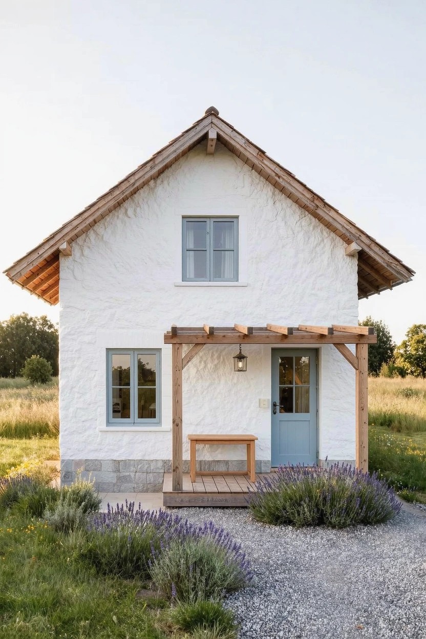 Small white house with steeply pitched thatched roof, blue windows and door, wooden pergola porch holding a bench, lavender plants beside gravel path, set in grassy field.