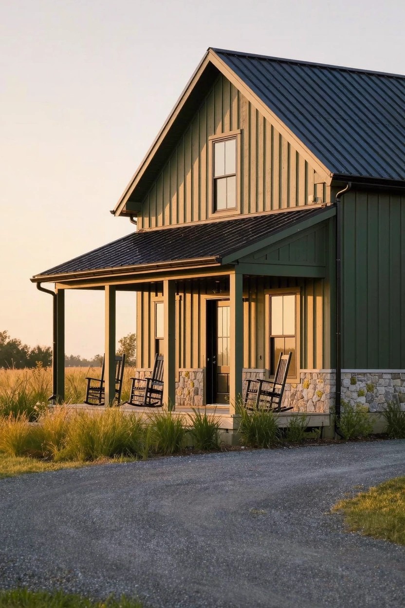 Green vertical board-and-batten sided house with black metal roof, covered porch holding two rocking chairs, white stone foundation, gravel driveway, and tall grasses nearby.