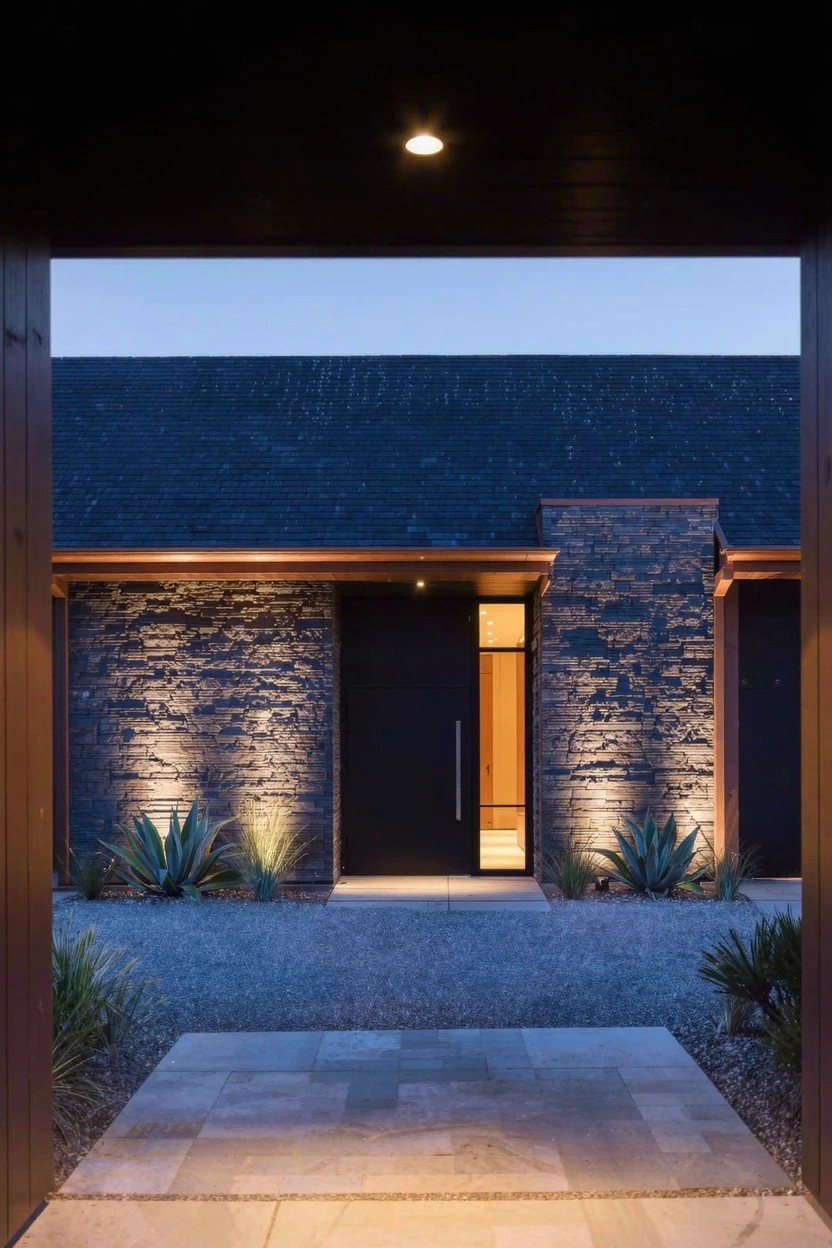 Modern house entryway with dark stone walls, black wood door, glass sidelight, uplighted agave plants on sides, stone pavers, and gravel path at dusk.
