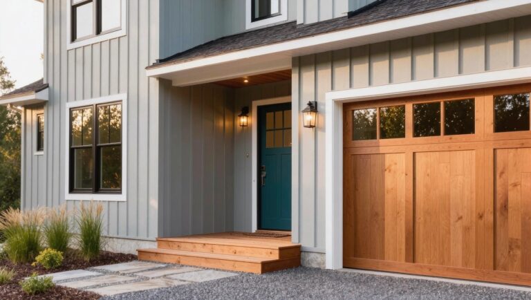 22 Modern Exterior House Colors That Create Instant Style Two-story house exterior with light gray board-and-batten siding, dark gable roof, white trim, teal front door, wooden garage door and steps to covered porch, gravel driveway, and ornamental grasses.