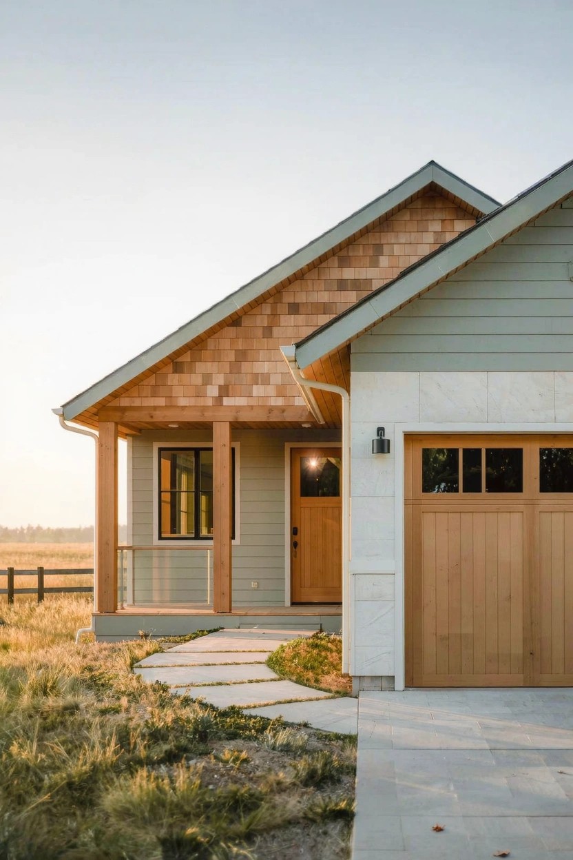 Modern house exterior with light gray siding, cedar shake gable roof, wooden front door and garage door, covered porch, stone pathway, and grassy field.