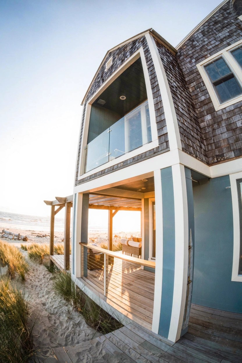 Modern beach house exterior with dark shingle siding and roof, light blue painted framing around a glass-railed balcony and wooden porch, sandy path to dunes at sunset.