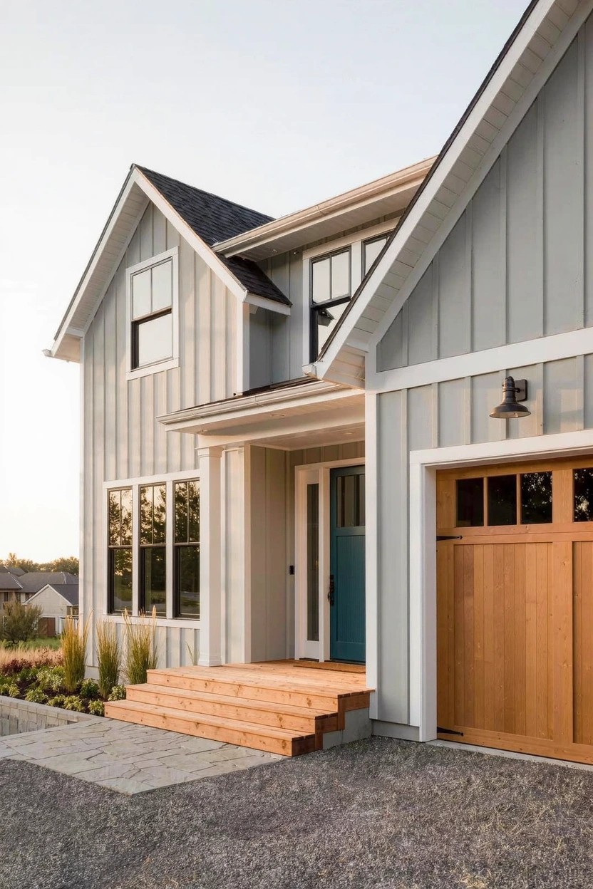 Two-story house exterior with light gray board-and-batten siding, dark gable roof, white trim, teal front door, wooden garage door and steps to covered porch, gravel driveway, and ornamental grasses.