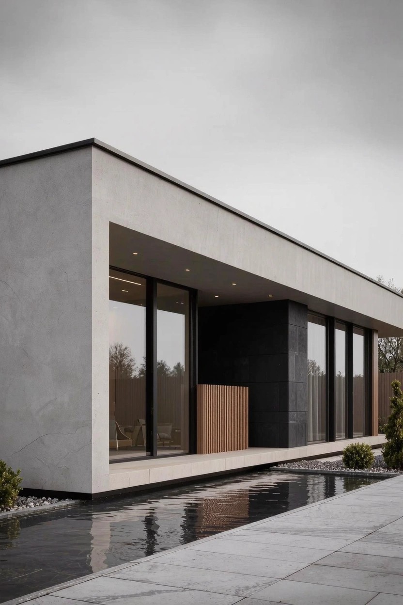 Single-story modern house with light gray plaster walls, large black-framed glass windows, dark entry panel with wood accents, and pebble pathway with water reflections beside low bushes.