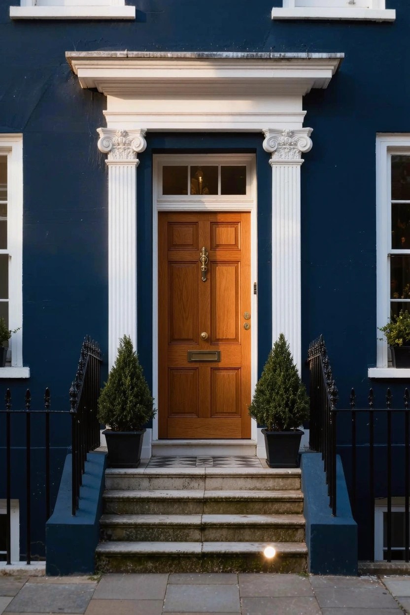 Navy blue house with white columns framing a wooden front door, stone steps, black railings, and potted topiary trees on either side.