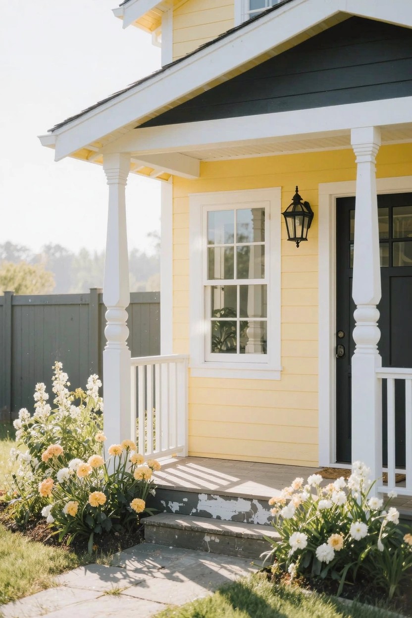 Two-story house painted pale yellow with white trim on porch columns and railing, black front door and lantern, flowers flanking concrete steps, green lawn, and dark fence in background.