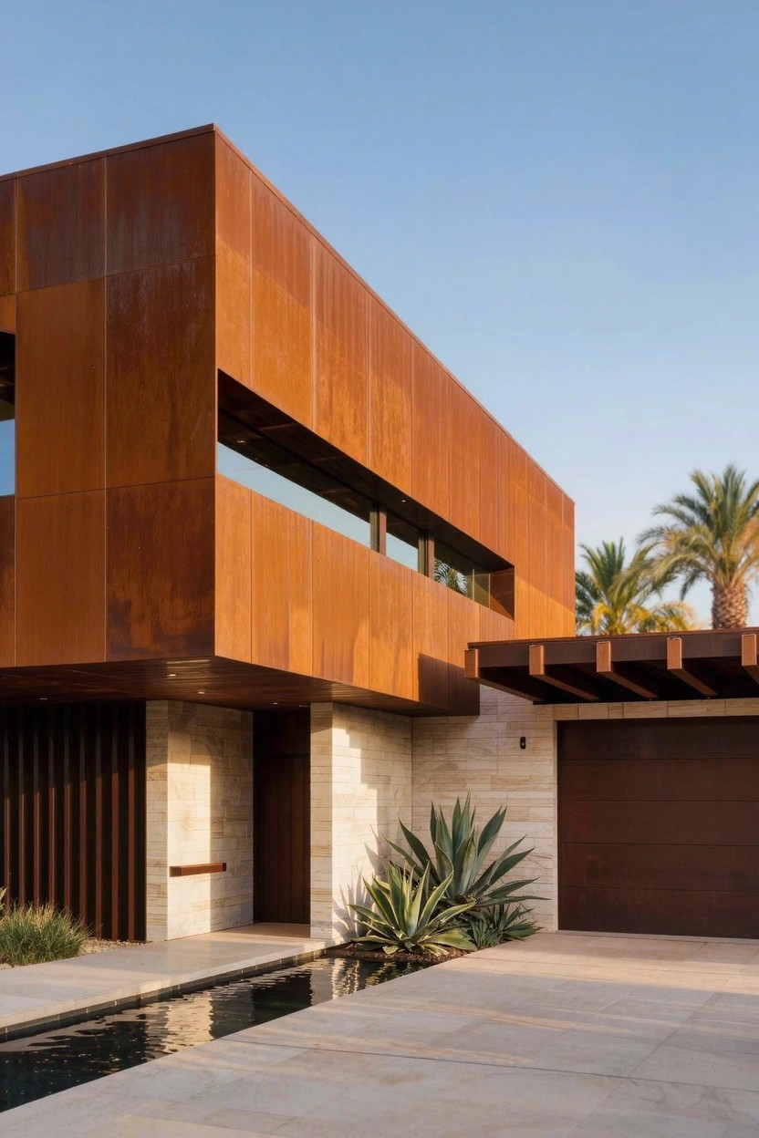 Modern house exterior with upper walls clad in rusty orange metal panels, beige stone base, vertical wood slats at entry, brown garage door, water channel, agave plants, and palm trees nearby.