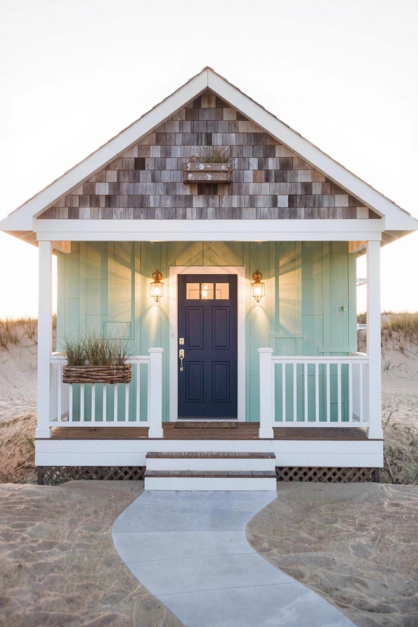 Small beach cottage with mint green siding, white trim and porch railings, dark blue front door, lanterns, potted grasses, on sand dunes with concrete pathway to entrance.