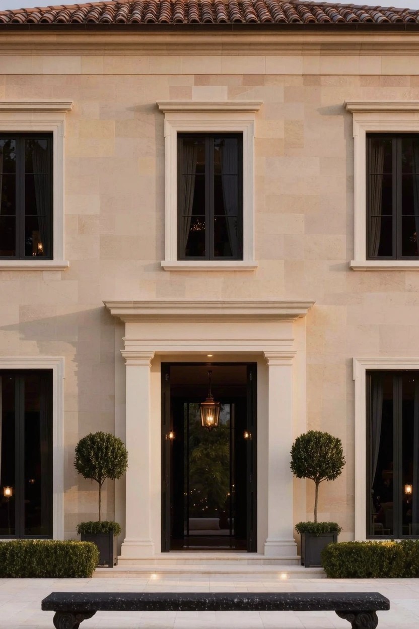 A two-story beige stone house with dark window frames, a columned front entry flanked by lanterns and boxwood topiaries, low hedges, and a black stone bench on a stone pathway.
