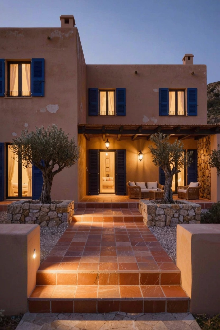 Modern two-story house with soft terracotta stucco walls, blue shutters on windows, terracotta tiled steps and pathway leading to a front door, flanked by potted olive trees in stone planters, warm lantern lighting at dusk.
