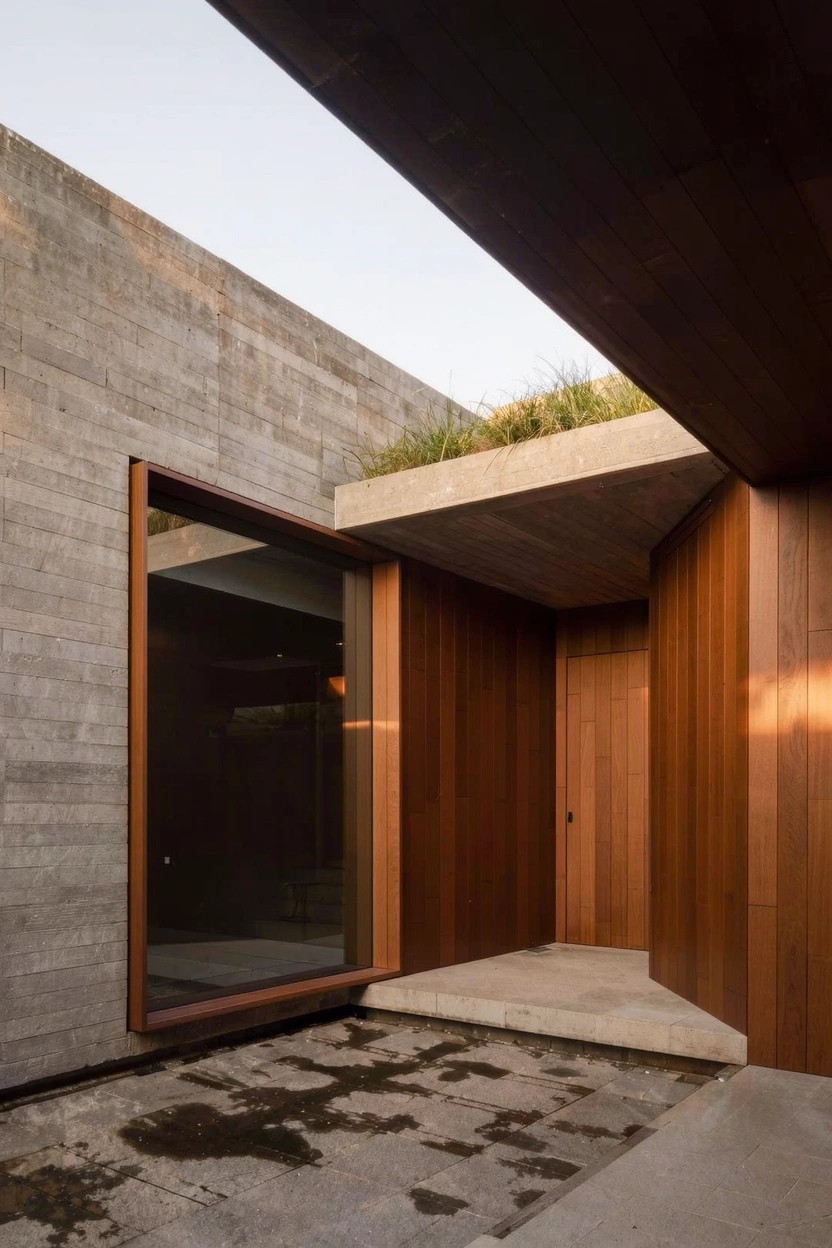 Modern house exterior with textured gray concrete walls, brown wooden panels framing a large glass window and entry door, concrete pathway, and grass edging on the overhanging roof.