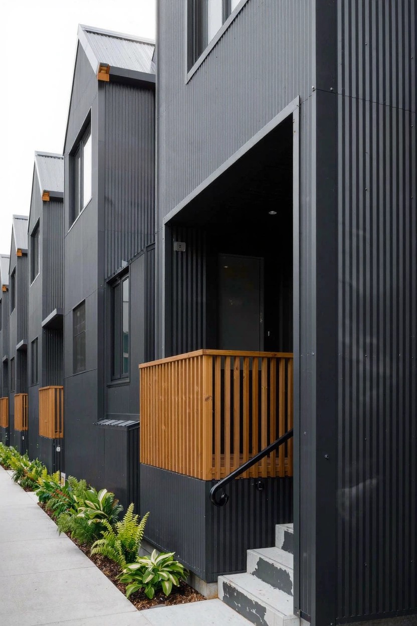 Row of modern attached townhouses clad in dark gray corrugated metal siding with black-framed windows, wooden balconies and railings, concrete entry steps, and low landscaping along a concrete path.