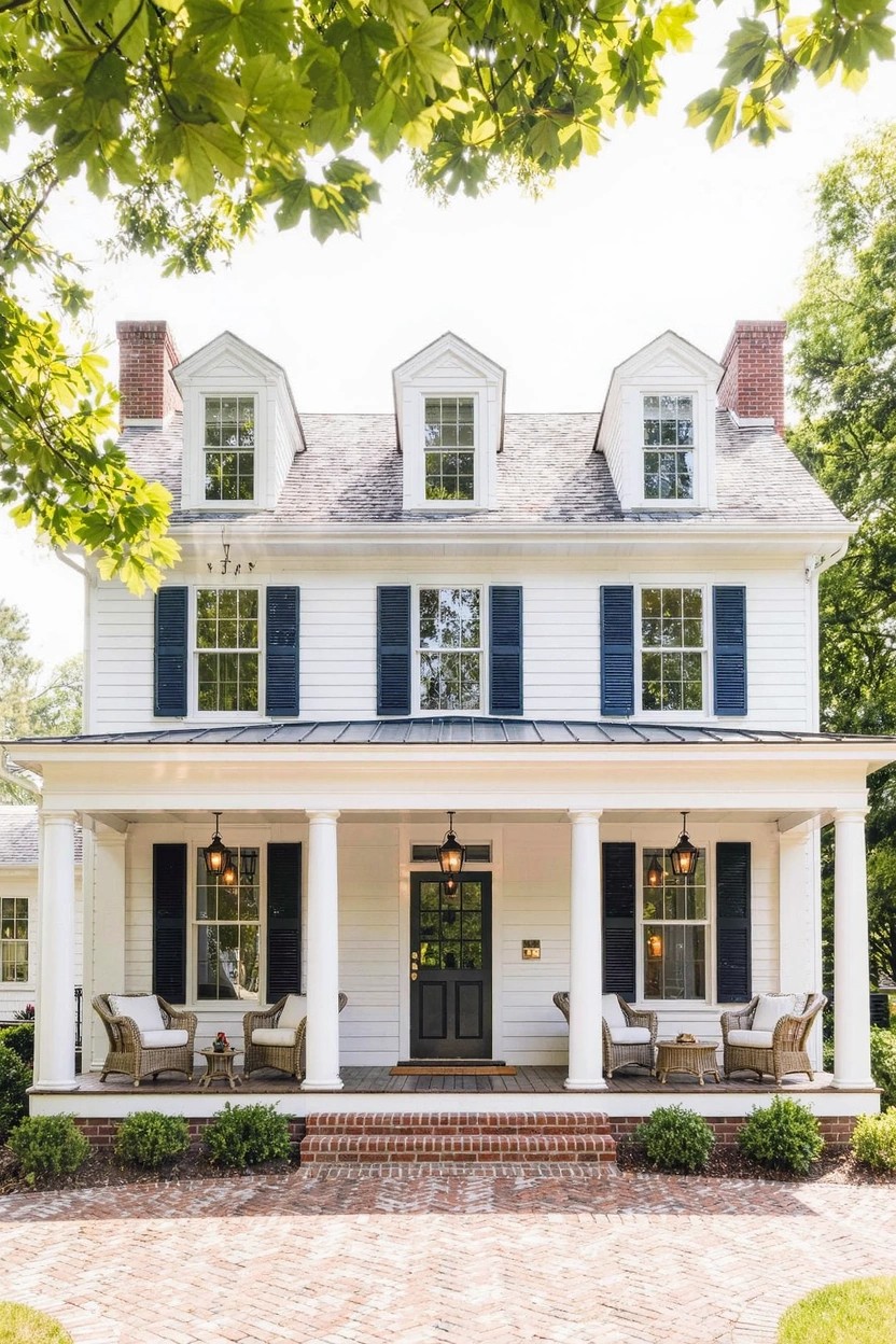 Two-story white clapboard house with dark blue shutters, dark standing-seam metal roof, brick chimneys, columned front porch with lanterns and wicker furniture, brick steps, boxwood shrubs, and surrounding trees.