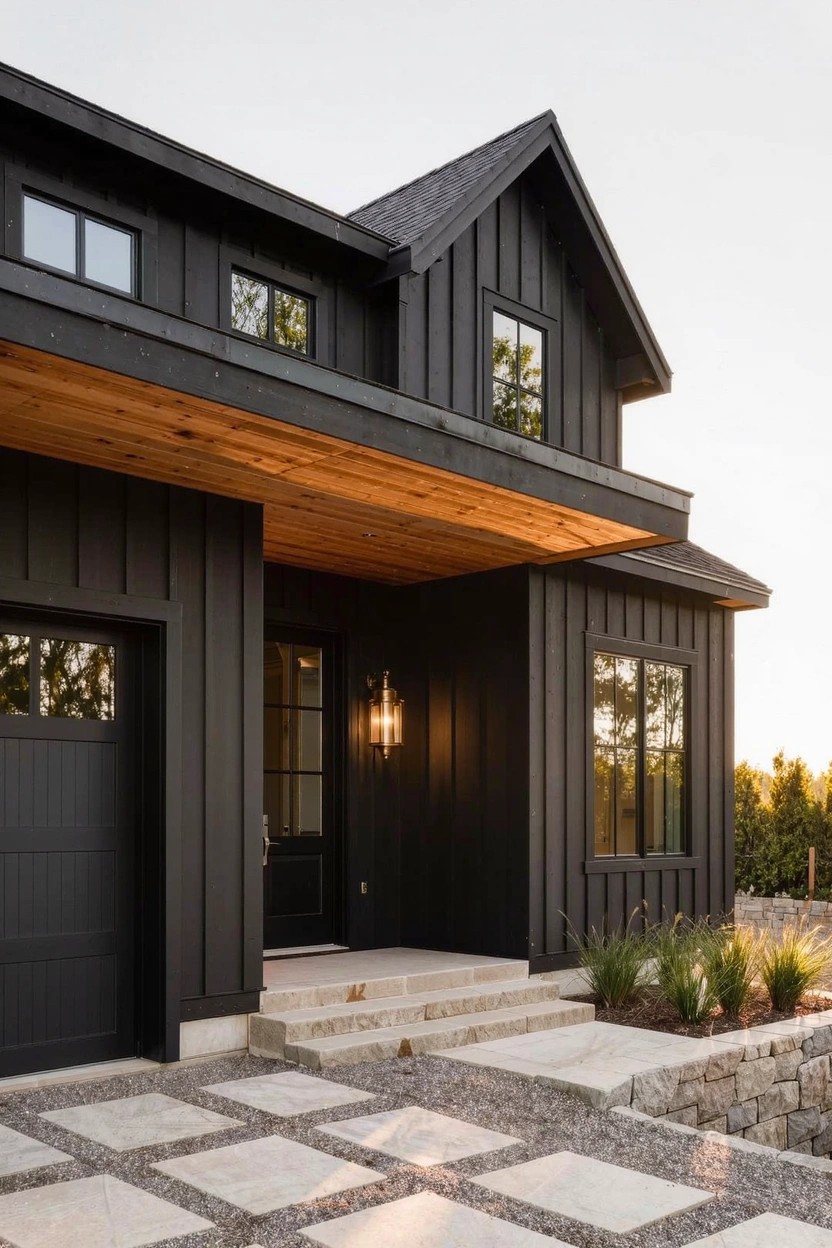 Two-story house with black board-and-batten siding, wooden beam porch overhang, black-framed windows and doors, glass lantern light, stone entry steps, paver and gravel pathway, ornamental grasses, and retaining wall at dusk.