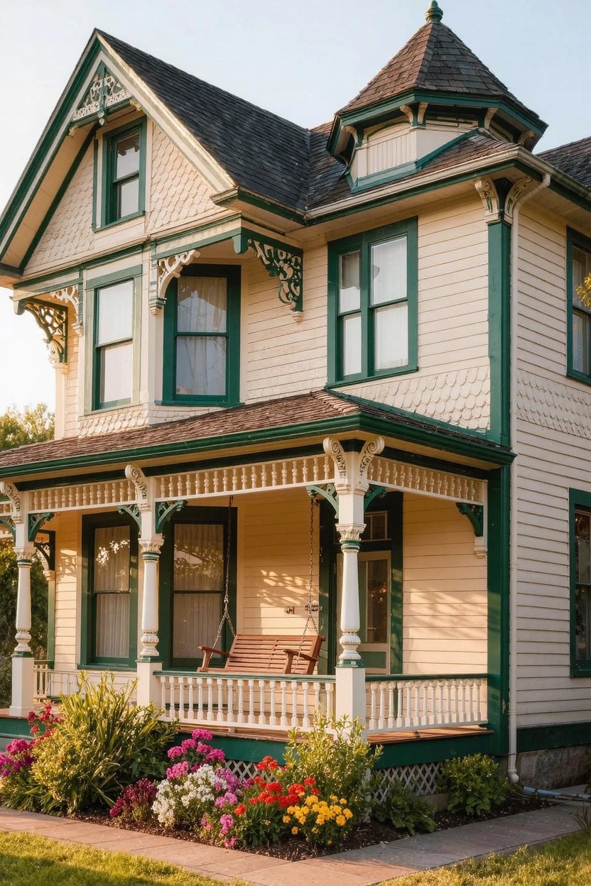 Two-story house with light beige siding, dark green trim on windows and porch, turret roof, swing on covered porch, and flower beds along the front yard.