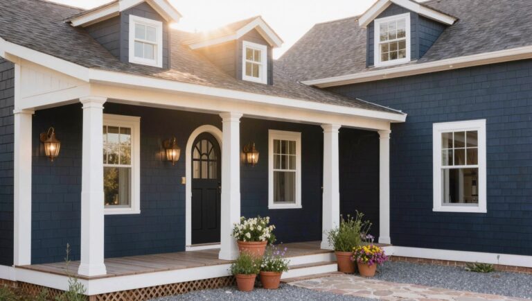 A house with navy blue shingle siding and roof, white porch columns and trim, black arched front door with lanterns, potted plants on steps, gravel path with stepping stones, and shrubs.