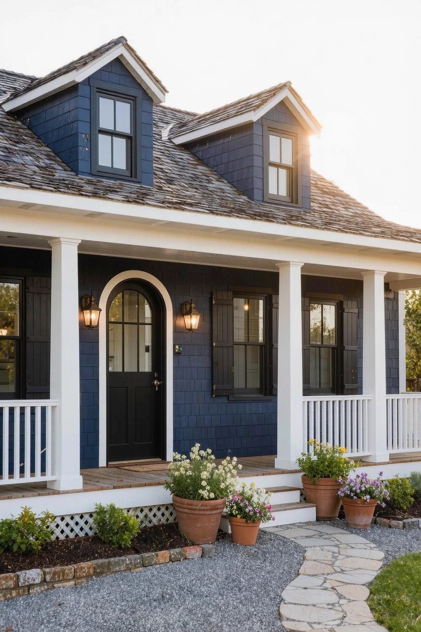 A house with navy blue shingle siding and roof, white porch columns and trim, black arched front door with lanterns, potted plants on steps, gravel path with stepping stones, and shrubs.