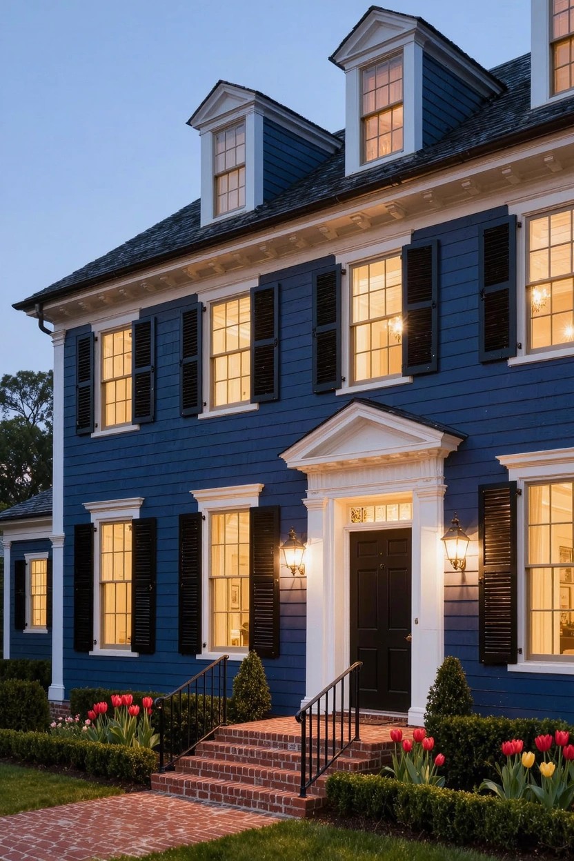 Two-story house with navy blue clapboard siding, white trim and columns at entry, black shutters and door, brick steps with boxwood hedges and tulips on both sides, lanterns lit at dusk.