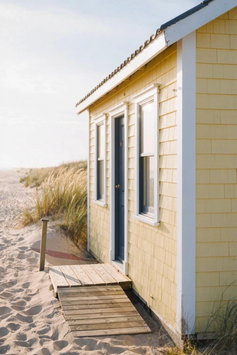 A small yellow clapboard-sided beach house with white shutters on the windows, a dark door, and a wooden ramp leading to the entrance amid sand dunes and tall grass.