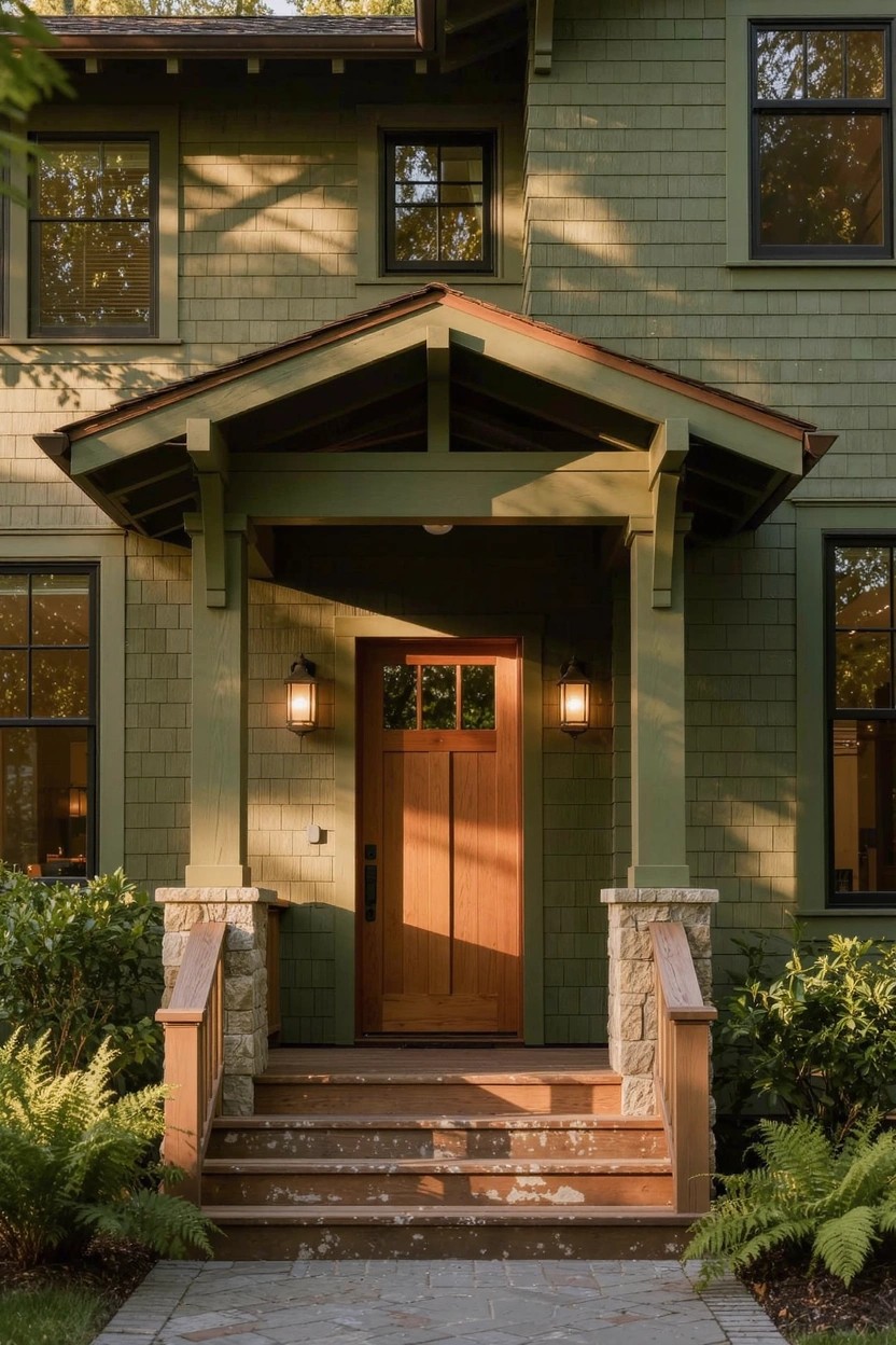 Two-story green shingle house with gabled front porch, wooden door, wall lanterns, stone pillars, steps, and ferns along the base.