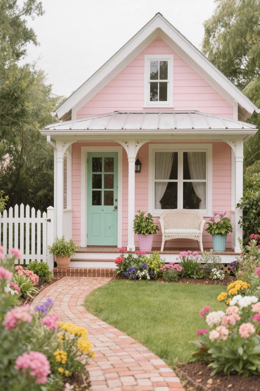 Small pink clapboard house with white trim and gabled roof, featuring a green front door, white porch railing, wicker chair, potted plants, flower beds, and curved red brick pathway in a lush green yard.