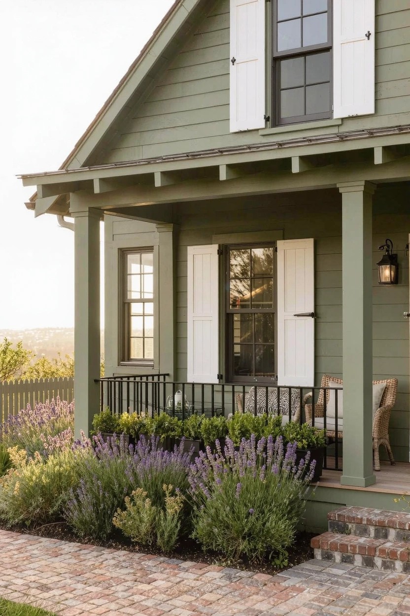 Sage green house exterior with white shutters, a covered porch supported by columns, white railing lined with lavender plants in boxes, and brick steps leading to the entry.