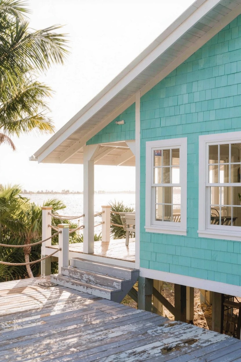 Turquoise shingle-sided house elevated on stilts with white trim windows, wooden deck porch, palm trees, rope railing, and water view in background.