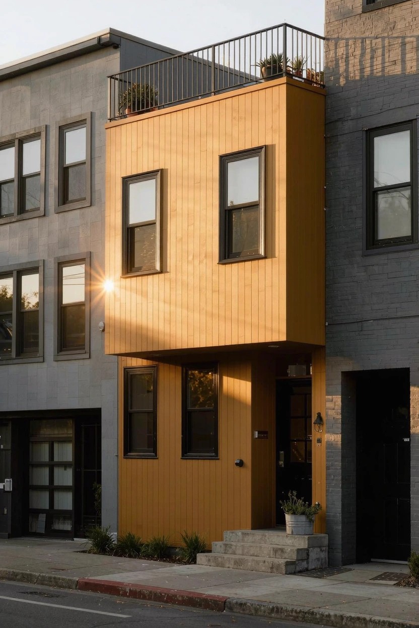 Modern townhouse with warm orange vertical wood siding on upper facade section, black-framed windows, metal balcony railing with potted plants, concrete front steps, and adjacent gray brick buildings.