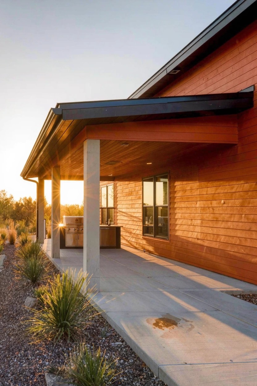 Side view of a single-story house with horizontal reddish-brown wood siding, a covered porch with concrete columns supporting a wooden ceiling overhang, an outdoor kitchen counter and grill on a concrete patio, surrounded by gravel, grasses, and rocks at sunset.