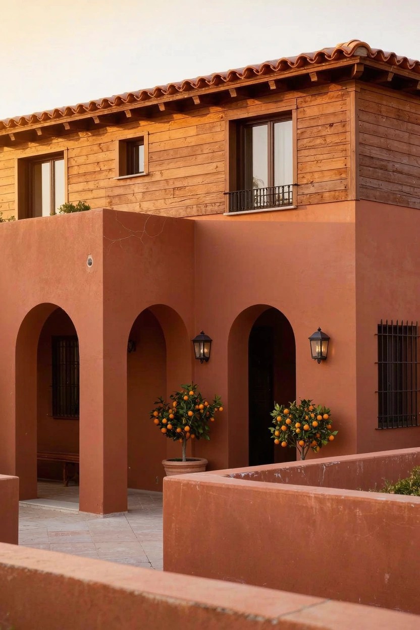 Two-story house exterior featuring reddish-brown stucco siding, wooden upper facade, terracotta tile roof, arched entryway with wall lanterns, wooden bench, and potted orange trees.