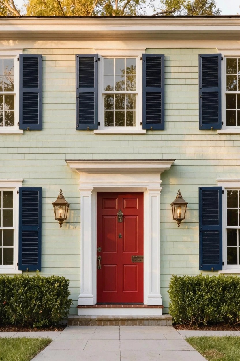 Two-story pale green house with dark blue shutters, white trim around symmetric windows, red front door under a white pediment flanked by lanterns, boxwood shrubs at the entry, and a concrete walkway.
