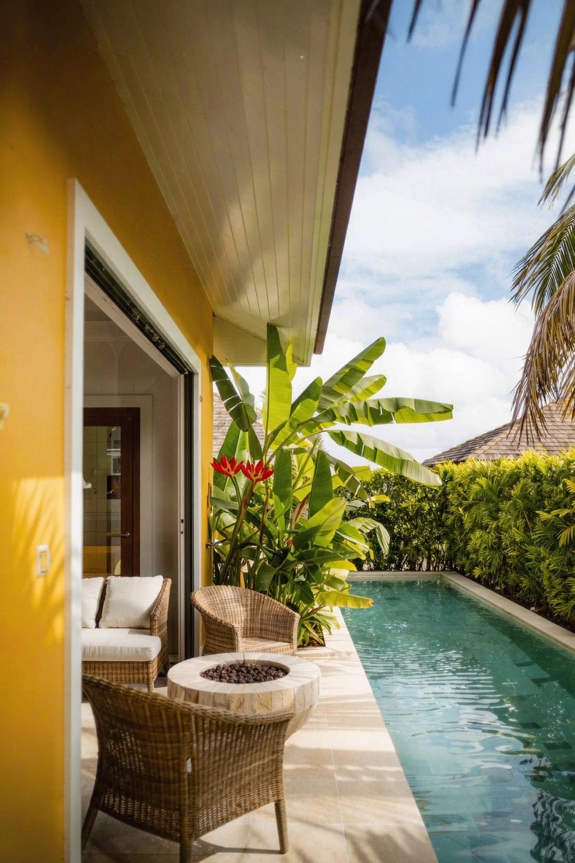 Yellow house exterior with open sliding glass doors next to a narrow turquoise pool, rattan chairs around a fire pit, banana plants, red heliconia flowers, and green hedges under a blue sky.