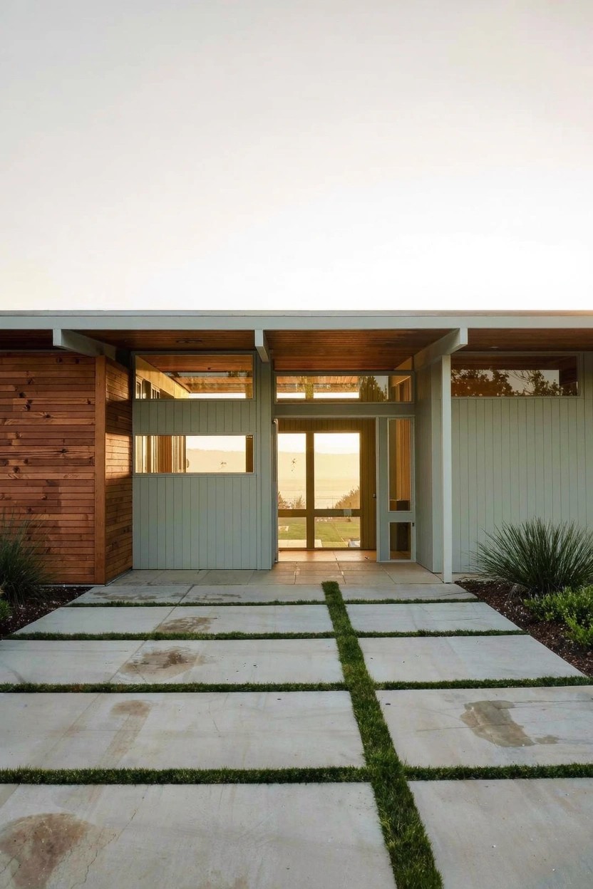 Square concrete pavers arranged in a grid with grass growing between them form a pathway leading to the glass entry doors of a modern house with light siding and wood panels.
