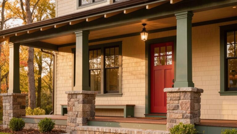 23 Beautiful Outdoor House Paint Ideas That Brighten Any Home Cream house with dark green trim and red front door, covered porch featuring hanging lanterns, tapered beige columns on stone bases, wooden bench along railing, stone steps, and trees with yellow fall leaves.