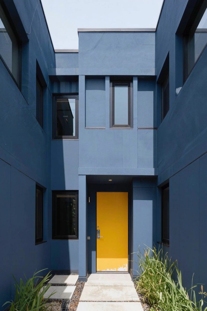 Modern house exterior featuring dark blue walls, a yellow front door, stone pathway leading to the entry, and tall grasses on both sides.