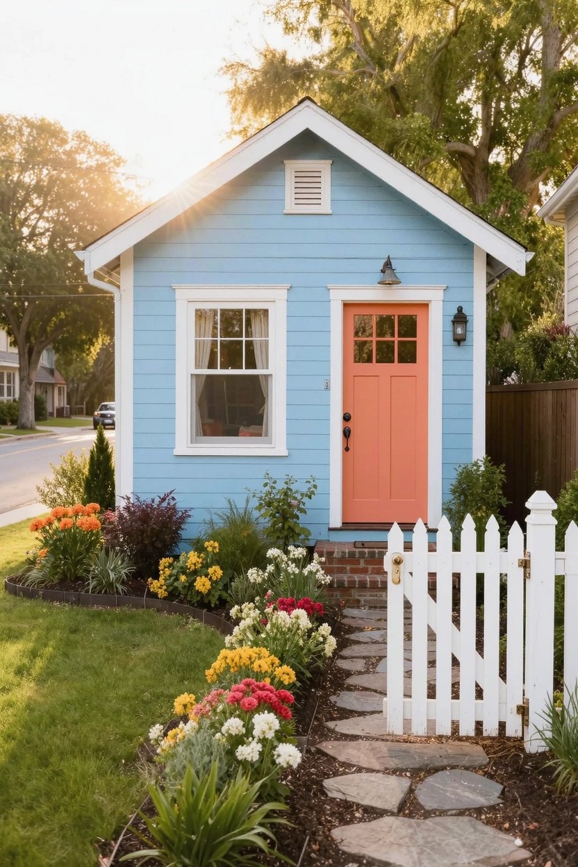 Small light blue house with white trim and gabled roof, orange front door, white picket fence, stone pathway lined with colorful flowers, green lawn, shrubs, and trees in background.