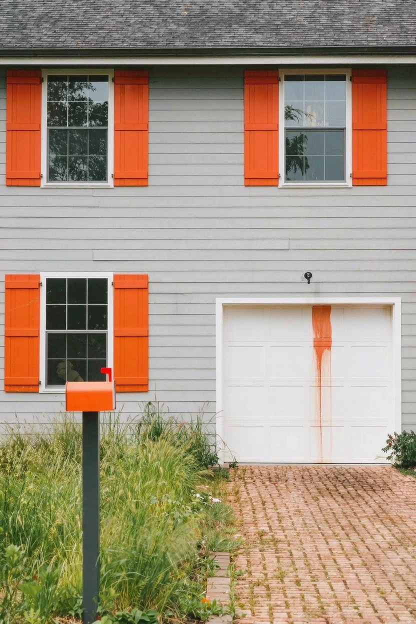 Gray clapboard house with orange shutters on upper and lower windows, white garage door, red mailbox on green post next to weeds, and brick pathway.