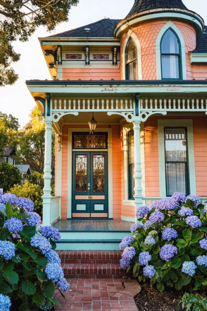 Two-story house painted peach with green trim and dark green door, ornate porch with columns, turret roof, flanked by purple hydrangea bushes along a brick path.