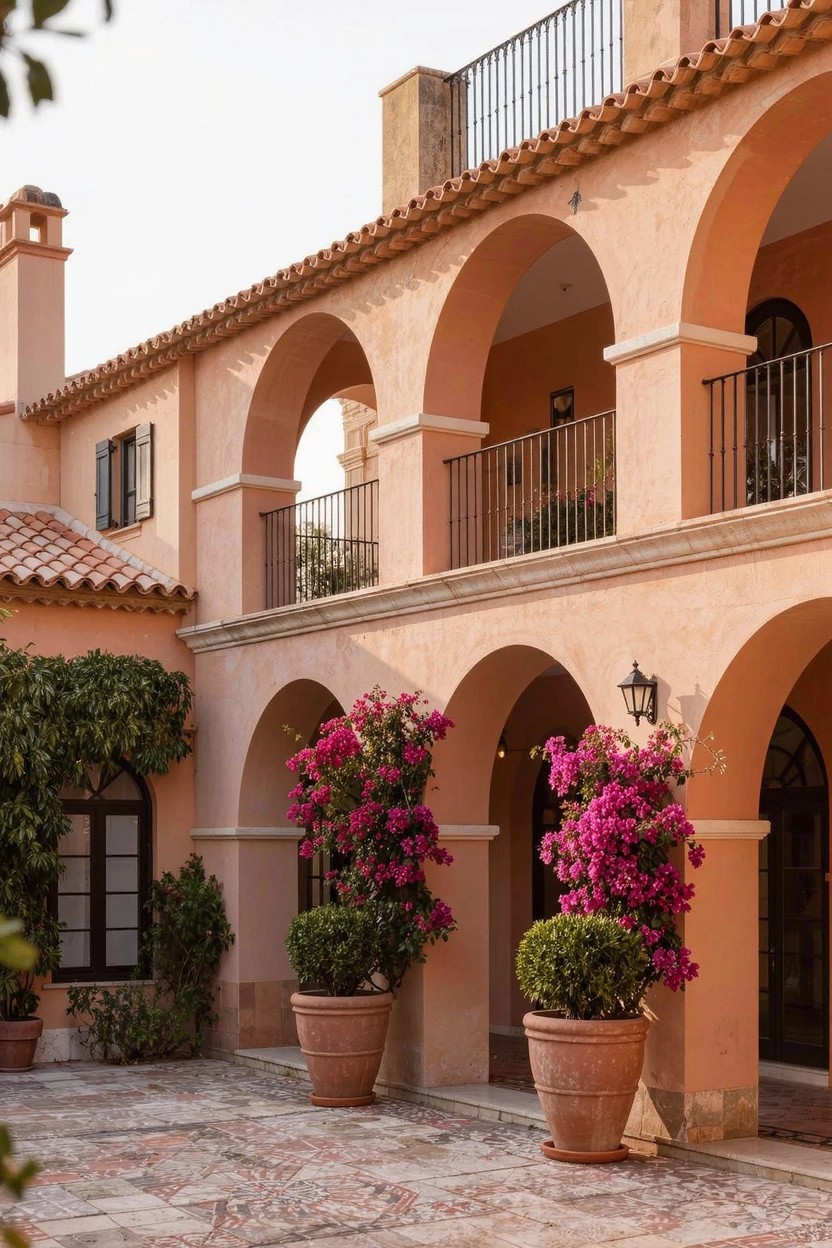 Peach stucco house exterior with terracotta tile roof, arched doorways and windows, wrought iron railings on balcony and courtyard, tiled patio floor, and large terracotta pots with pink bougainvillea and green topiaries.