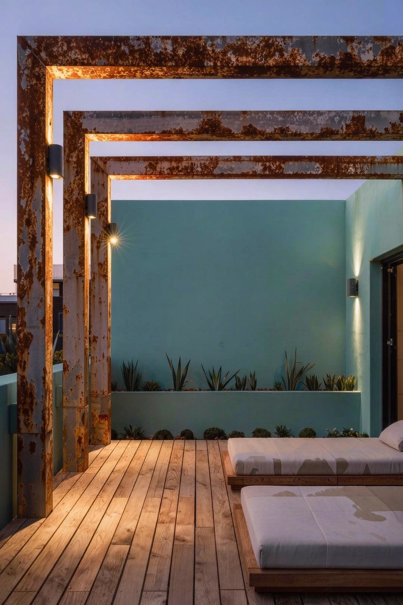 Balcony terrace featuring tall rusted metal frames forming arches, teal stucco wall, wooden deck floor, potted agave plants, lounge beds with cushions, and wall-mounted lights at dusk.