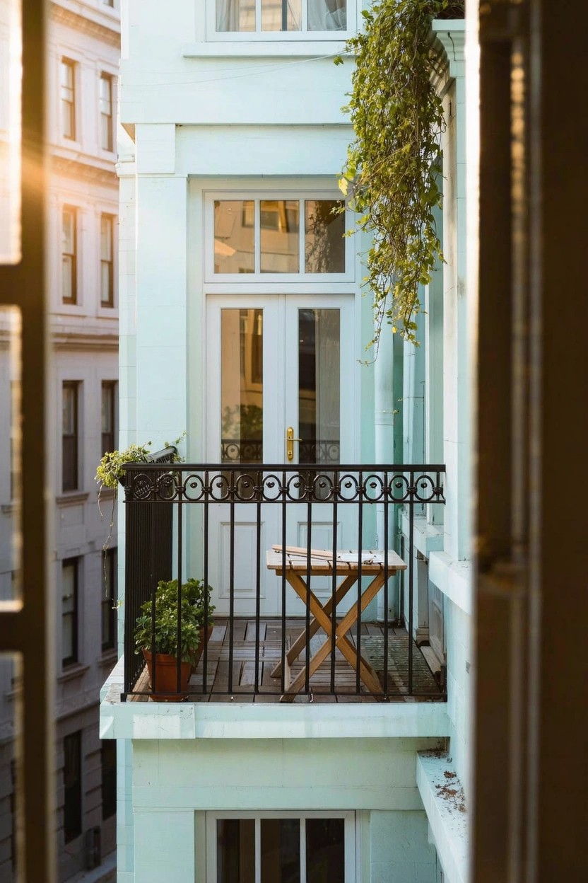 Light blue townhouse exterior with white door open to black wrought-iron balcony holding potted plants and a small wooden table.