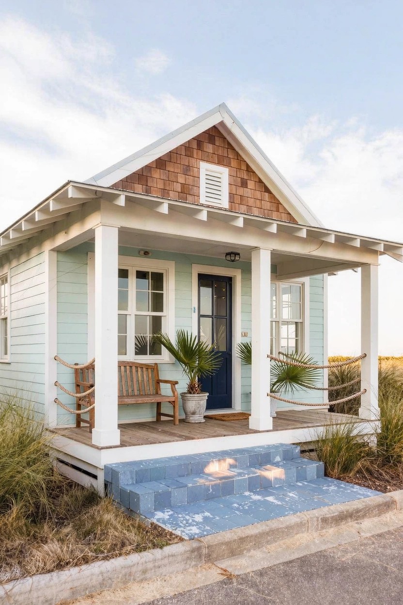 Light blue clapboard house with gabled shingle roof, white-trimmed porch supported by columns, dark blue front door, rope railings, wooden bench, potted palms, sea grass landscaping, and blue tiled entry steps on a concrete driveway.