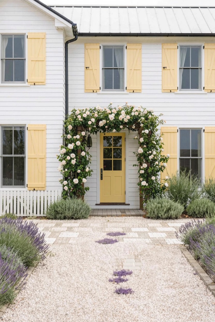 White clapboard house with yellow shutters and yellow front door under a rose-covered archway, gravel pathway edged in lavender and checkered stone pavers leading to the entry.