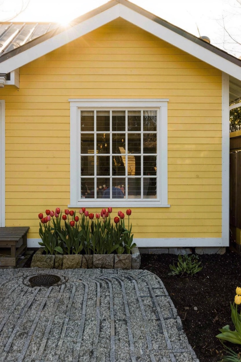 Yellow clapboard house with white-framed window, red tulips in a planter box below the window, stone paver patio, and scattered yellow tulips nearby.