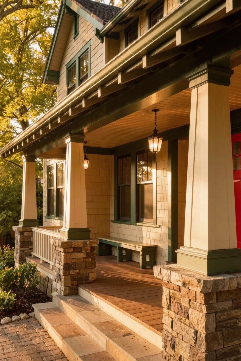 Cream house with dark green trim and red front door, covered porch featuring hanging lanterns, tapered beige columns on stone bases, wooden bench along railing, stone steps, and trees with yellow fall leaves.