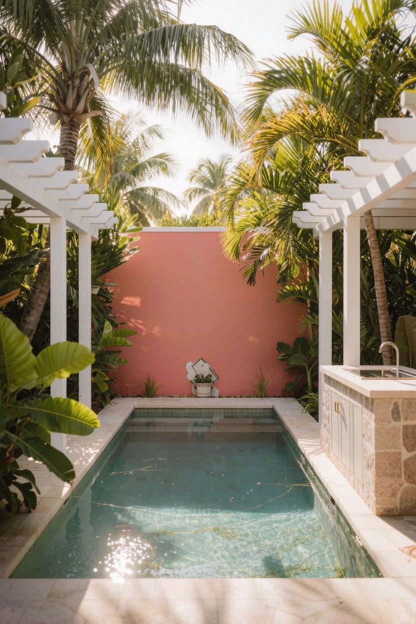 Small rectangular pool in a lush tropical backyard framed by white pergolas and palm trees, with a tall pink wall at the back holding a white sculpture and an adjacent stone outdoor bar counter.