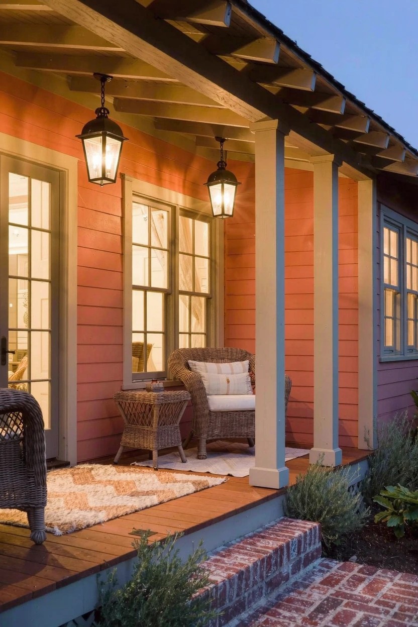 Coral-painted house siding with a wooden covered porch, hanging lantern lights, white-trimmed windows, wicker chair and table on a rug, brick steps, and low plants at dusk.