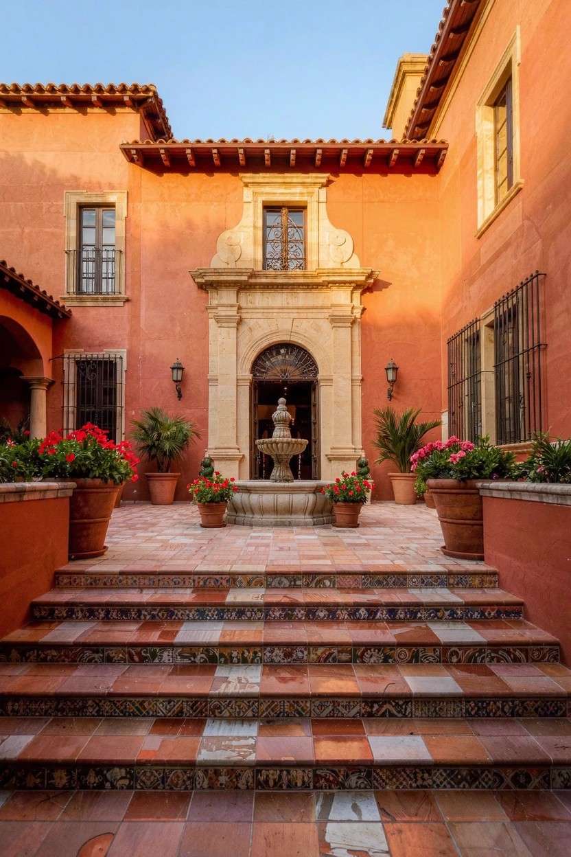 Terracotta stucco walls of a Spanish-style home surround a courtyard with a central stone fountain, arched wooden doorway, potted red flowers, and colorful tiled steps.